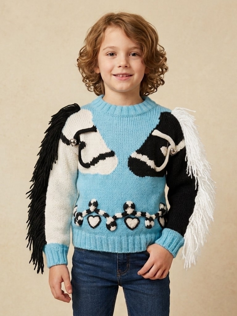VTG 80s 90s Sister Sister Kids Horse Fringe Sweater 7/8 Blue Knit 3D Western